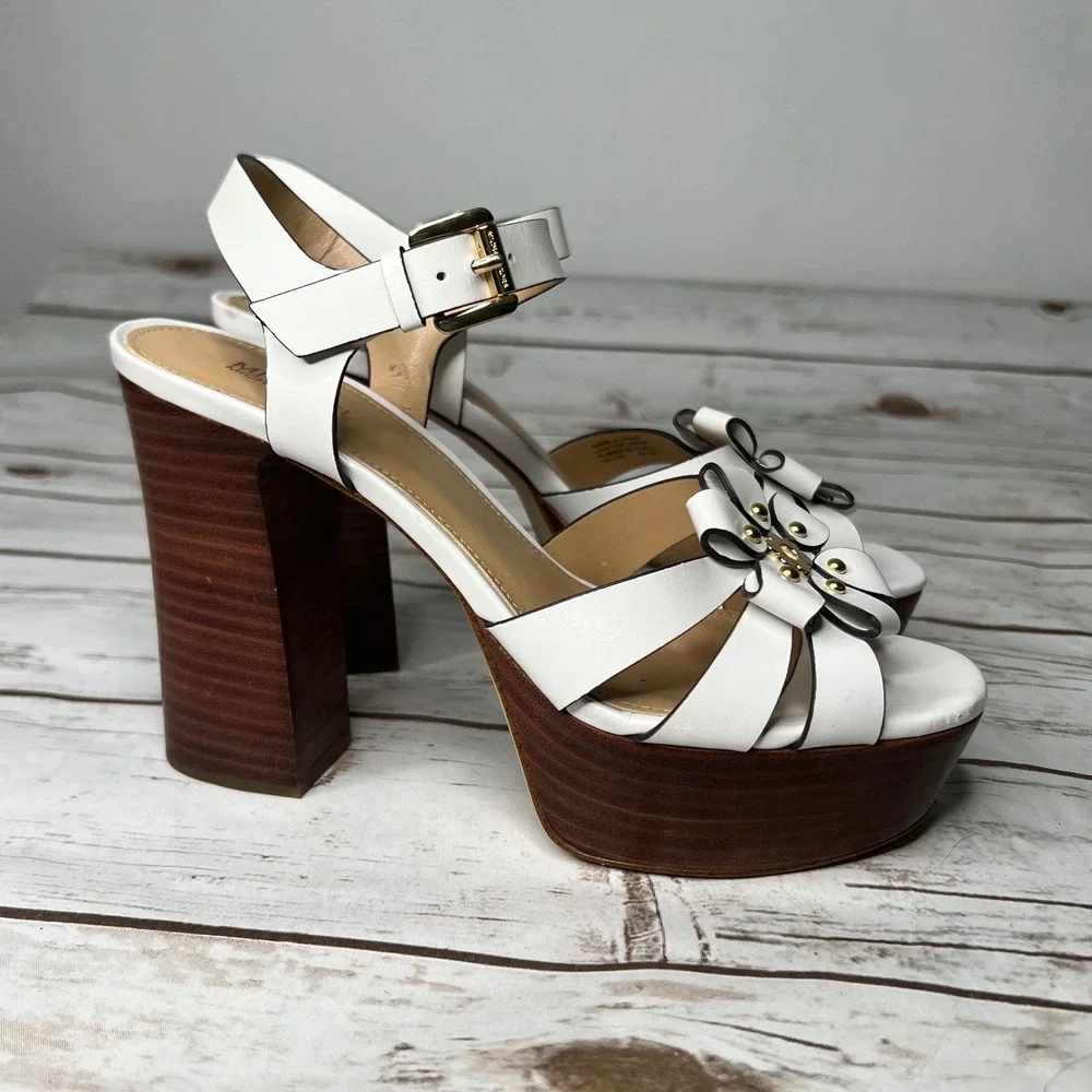 Michael Kors Platform Sandals White Floral Applique Block Heel 7M